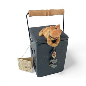 Ceramic Cat Tea Light Candle Holder with dangling birds and birdhouse